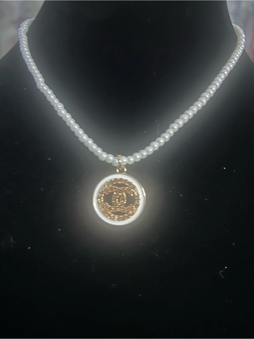 Pearl Bead Necklace with Gold Medallion Pendant - Picture 7 of 7